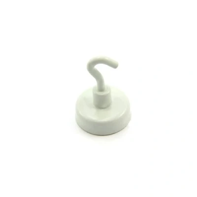 Image of Ferrite White Painted Clamping Magnet with M4 Hook for Fridge, Whiteboard, Noticeboard, Filing Cabinet or Office 25mm Diameter x 38mm High 4kg Pull