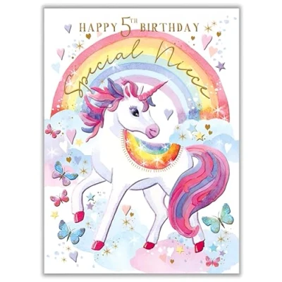Image of Niece 5th Birthday Card Special Age 5 Pretty Unicorn and Rainbow Made in the UK Eco Friendly