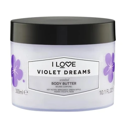 Image of I Love Violet Dreams Scented Body Butter, Packed With Shea Butter &amp; Coconut Oil to Regenerate Nourish the Skin, 85% Naturally Derived Ingredients, VeganFriendly 330ml