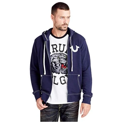 Image of True Religion Men&#039;s Classic Logo Long Sleeve Zip Up Hoodie Hooded Sweatshirt, Navy, Medium