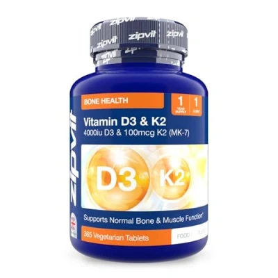 Image of Zipvit Vitamin D3 4000 iu &amp; K2 MK7 100μg, 1 Year Supply, 365 Vegetarian Tablets, High Strength D Supplement, Supports Immune, Bone Muscle Health