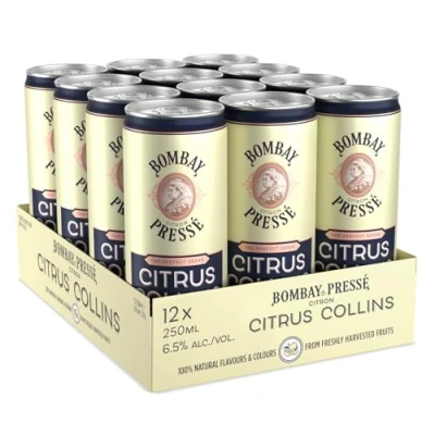Image of Bombay Pressé Citrus Collins, 6.5% ABV, 12 x 25cl / 250 ml, Ready To Drink Pre Mixed Cocktail Can, Created with London Dry Gin and Infused the Natural Flavour of Mediterranean Lemons