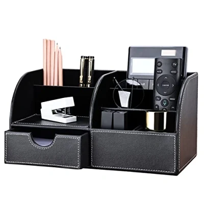 Image of KINGFOM PU Leather Office Desk Organiser Tidy Pen Pencil Pots Stationery Storage Box Accessories Black