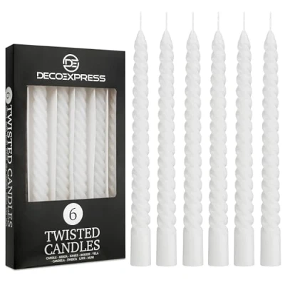 Image of Dinner Candles Pack 3 or 6 Twisted White Red Gold Coloured Spiral Non Drip Long Lasting Hours Burn Scented (White, of 6)