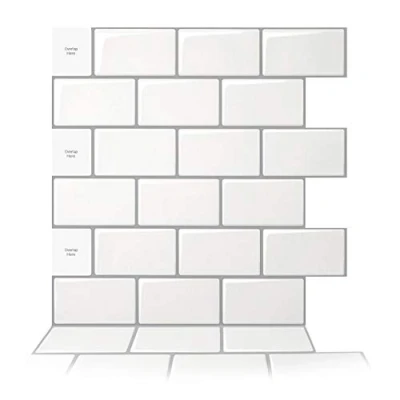 Image of Art3d 10 Sheet Peel and Stick Backsplash, 12 in. x Subway 3D Wall Panels, Mono White with Gray Grout (A17048)
