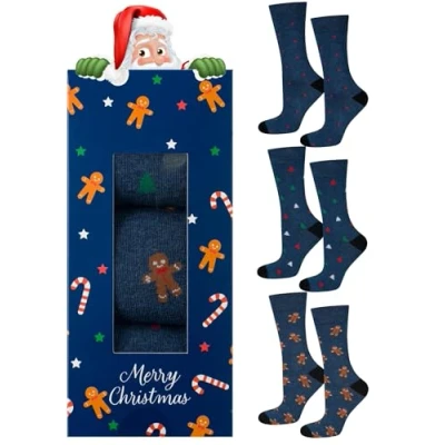 Image of soxo Christmas Mens Socks Cotton Xmas Gifts Funny Men Presents Funky Boys Gift 3 Pairs 6.5 10.5 Blue
