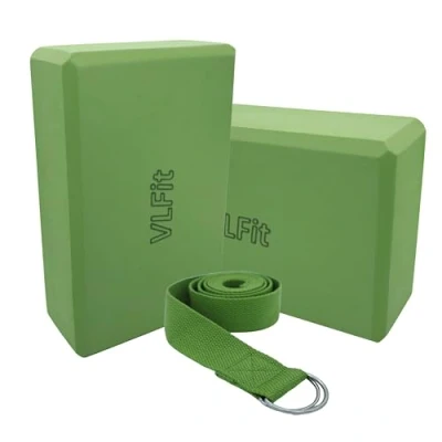 Image of VLFit Set of 2 Hi Density Yoga Blocks with D Ring Cotton Stretch Strap Choice Colour