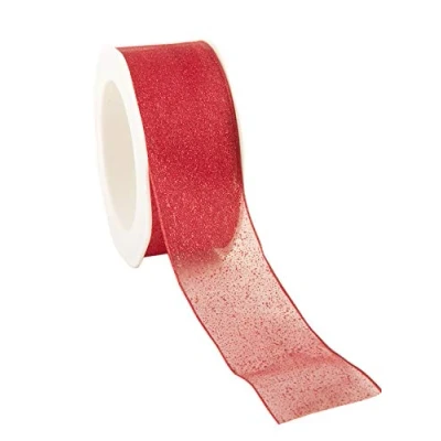 Image of Red Glitter organza ribbon with wire edge 38mm x 1 Metre cut from roll ideal for Christmas or decoration!