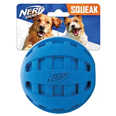 Image of Nerf Dog Rubber Ball Toy with Checkered Squeaker, Lightweight, Durable and Water Resistant, 4 Inch Diameter for Medium/Large Breeds, Single Unit, Blue