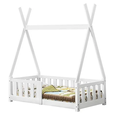 Image of [en.casa] Children&#039;s bed Helsingborg 70 x 140 cm with slatted frame Tipi tent youth pine wood Wooden for children White