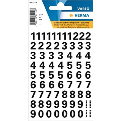 Image of HERMA 4159 Number Stickers Black 0 9, 710 Pieces, Font Size 10 mm, Self Adhesive, Weatherproof, Small, Adhesive Numbers House Made of Film for Sticking, Transparent