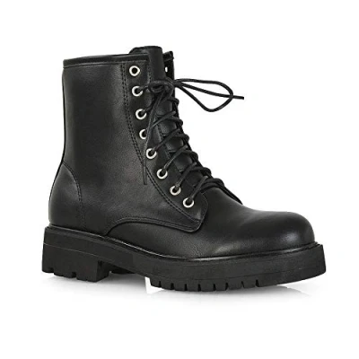 Image of ESSEX GLAM Womens Ankle Boots Ladies Lace Up Zipper Platform Chunky Sole Casual Faux Leather Biker Combat Booties Size 3 8
