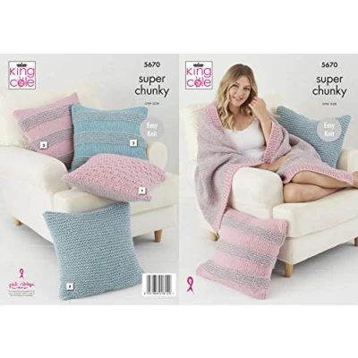 Image of King Cole Super Chunky Knitting Pattern Easy Knit Throw &amp; Cushion Covers (5670)