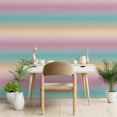 Image of WPE® Ombre Stripe Wallpaper Pastel, Teal, Pink, Stunning Iridescent Modern Design Ideal for Kids Room or Any to Brighten Up