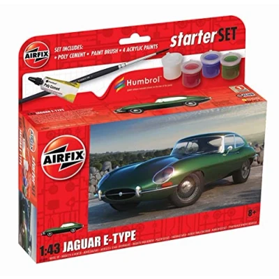 Image of Airfix Starter Set A55009 Jaguar E Type Model Building Kit Plastic Car Kits for Adults &amp; Children 8+, Includes Decals, Humbrol Acrylic Paints, Brushes Poly Cement 1:43 Scale