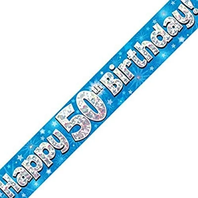 Image of 9ft Banner Happy 50th Birthday Blue Holographic
