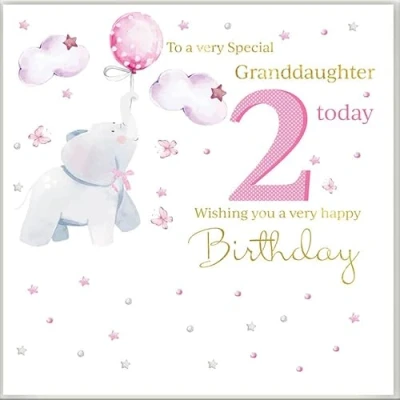 Image of Granddaughter 2nd Birthday card Rush design To A very Special 2 Today, Wishing you happy Birthday, elephant and butterflies