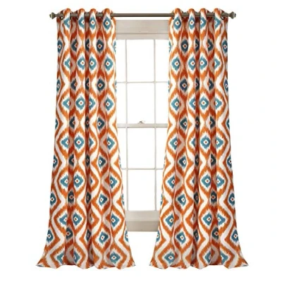 Image of Lush Decor Diamond Ikat Curtains Geometric Pattern Print Room Darkening Window Panel Set for Living, Dining, Bedroom (Pair), 84 x 52, Turquoise Orange