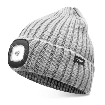 Image of COTOP LED Beanie with Light,USB Rechargeable Hat Hands Free 4 Headlamp Cap Winter Knitted Night Lighted Flashlight Women Men Gifts for Dad Him Husband (Gray)