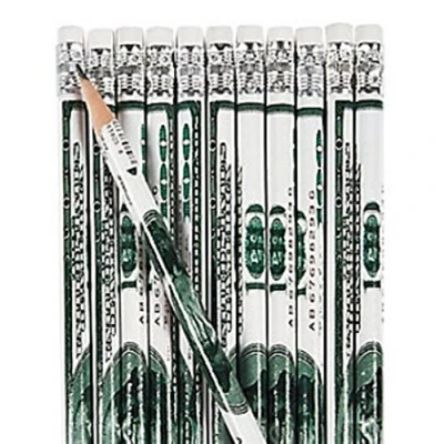 Image of Pack of 12 $100 Dollar Bill Pencils USA Party Loot Bag Fillers