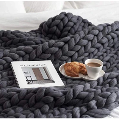 Image of Yiyida Chunky Knitted Blanket Merino Wool Blend Arm Knit Throw Super Large Hand Knitting Yarn Pet Bed Chair Sofa Yoga Mat Rug,80x100cm