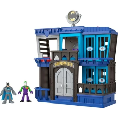 Image of Fisher Price Imaginext DC Super Friends Gotham City Jail Recharged, prison playset with Batman and The Joker figures for preschool kids ages 3+