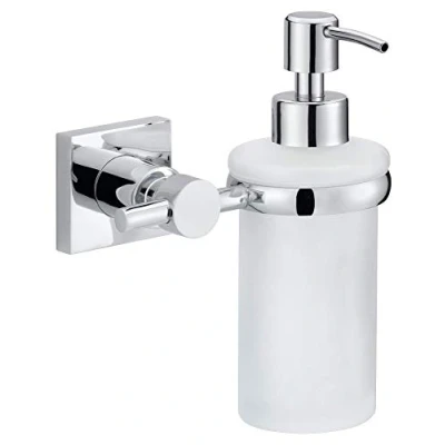 Image of tesa Hukk wall mounted soap dispenser, high gloss chromed metal, self adhesive, adhesive mounting technology, 170mm x 127mm 110mm