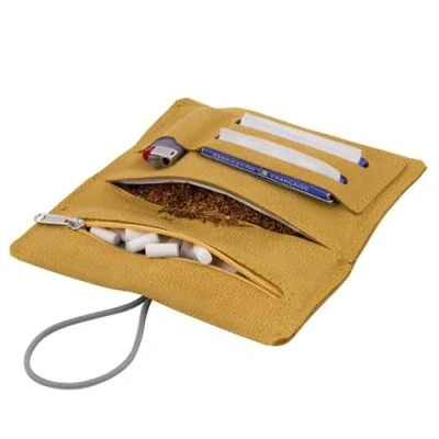 Image of Simaru tobacco pouch made of vegetable tanned leather for 30 g pouch, genuine turner bag with filter compartment and plate holder, durable robust (Amber)