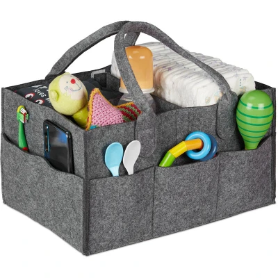 Image of Relaxdays Baby Nappy Caddy, 11 Compartments, Removable Divider, Portable, Felt Car, Changing Table Organiser, Dark Grey
