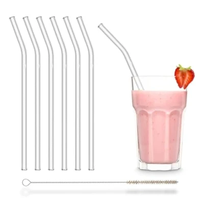 Image of Halm Glass Straws Bent 6X 9 Inch Reusable Drinking + Plastic Free Cleaning Brush Dishwasher Safe Eco Friendly Perfect for Smoothies, Cocktails Made in Germany