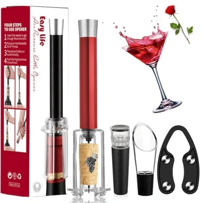 Image of MIRACLEW Wine Opener, Air Pump Cork Remover Bottle Opener Set, Miracle Pressure with Vacuum Stopper, Pourer, Paper Cutter (Red A)