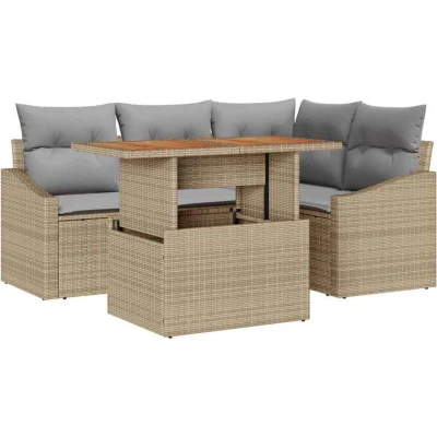Image of vidaXL 5 Piece Garden Dining Set with Cushions Beige Poly Rattan Acacia