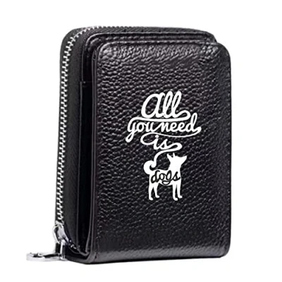 Image of Women&#039;s RFID Blocking Leather Small Compact Bi fold Zipper Pocket Wallet Card Case Purse with ID Window (All You Need is Dogs)