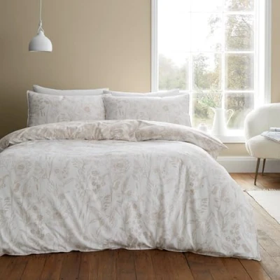 Image of Bianca Brushed Cotton Floral Toile Reversible Super King Duvet Cover Set with Pillowcases Natural