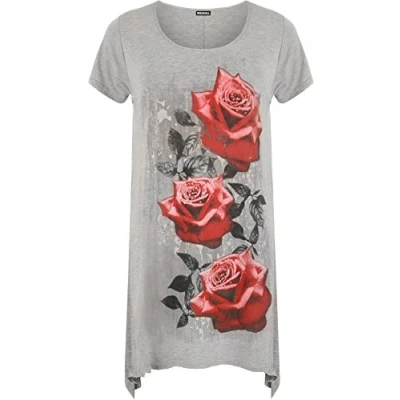 Image of WearAll Ladies Plus Size Glitter Rose Print Hanky Hem Womens Short Sleeve Long Top Grey 26/28