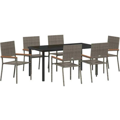 Image of vidaXL 7 Piece Garden Dining Set Grey Poly Rattan Acacia