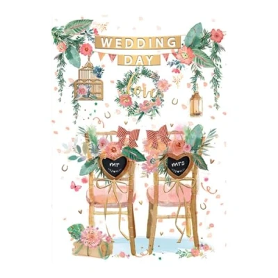 Image of Words n Wishes Wedding Day Card Mr Mrs Chairs Flowers Birdcage