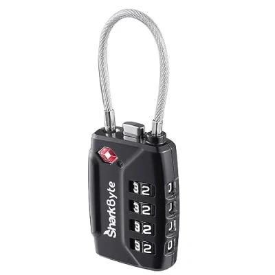 Image of SharkByte TSA Suitcase Locks 4 Dial Security Travel Combination Padlock, Flexible Wire Cable Lock for Suitcases Luggage Case Bag Gym Locker Code Small Padlock (Pack of 1)