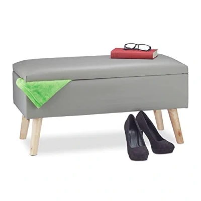 Image of Relaxdays Hallway Storage Bench, 40L, Padded Faux Leather Trunk, Wooden Legs, HxWxD: 40 x 80 39.5 cm, Grey