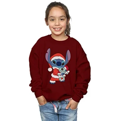 Image of Disney Girls Lilo and Stitch Christmas Sweatshirt Burgundy 12 13 Years