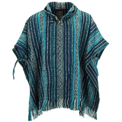 Image of LOUDelephant 100% Woven Gheri Cotton Mexican Style Hooded Poncho Blue &amp; White