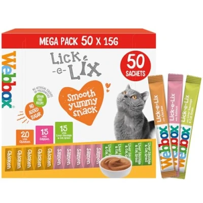 Image of Webbox Lick e Lix Cat Treats Variety Mega Pack Kitten Friendly, Grain Free, No Artificial Preservatives or Colours (50 Pack)