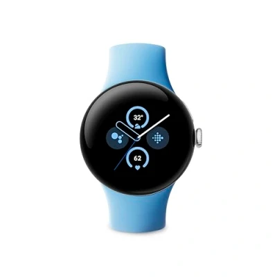 Image of Google Pixel Watch 2 with the best of Fitbit Heart rate tracking, stress management, safety features Android smartwatch Polished Silver Aluminium Case Bay Active Band LTE