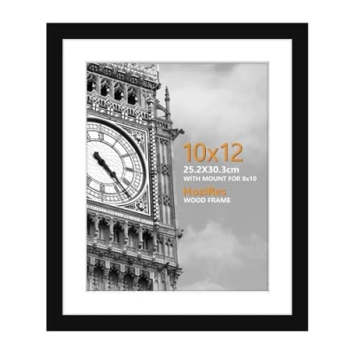 Image of HoziRes 12 x 10 Inch Picture Frame, Wooden Photo Frames with Mount, 10x12 Frame for Tabletop and Wall Mounting, Black 25 30cm Poster Printing, Portrait, Landscape
