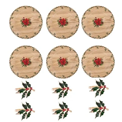 Image of YöL Set Of 6 Christmas Holly Charger Plate Wooden And Napkin Rings Dinner Lunch Decor Xmas Rustic Traditional