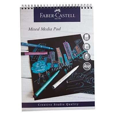Image of Faber Castell Creative Studio Mixed Media Pad, A3, Spiral Bound Paper (Black), 250 GSM, 30 Sheets, All Media, Acrylic, Watercolour Paint, Pencils, Pastel, Charcoal, Graphite, Art, Craft, Home, School