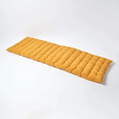 Image of HOMESCAPES Mustard Yellow Garden Bench Cushion 3 Seater Seat Pad for Patio Furniture Kitchen or Dining Indoor &amp; Outdoor Use Comfortable 100% Cotton Modern Tufted Style Thick 143cm Wide