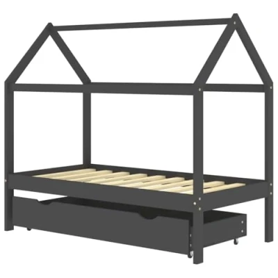 Image of vidaXL Kids Bed Frame with Storage Drawer and Tree House Style in Dark Grey Solid Pine Wood, 80x160cm