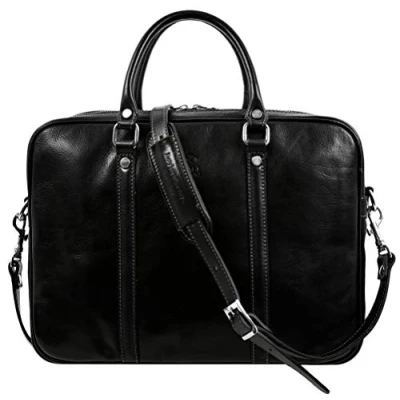 Image of Time Resistance Leather Briefcase Bag Slim Full Grain Laptop Messenger Black