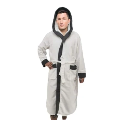 Image of myAIMS Men’s Hooded Style Dressing Gown Bathrobe, Housecoat Loungewear Super Soft Luxury Microfiber Terry Cotton, Warm, Cosy Fleece Nightwear Robe, Spa Hotel Sleepwear (White, S/M)
